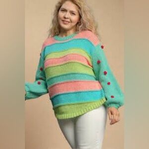 172 - Umgee NWT Multicolor Striped Sweater with Red Accents, Size S - L